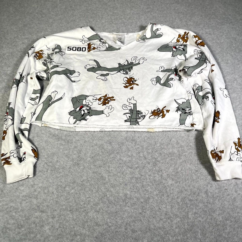Tom‎ and Jerry Crop Sweatshirt Womens Medium White All Over Print V Neck Casual